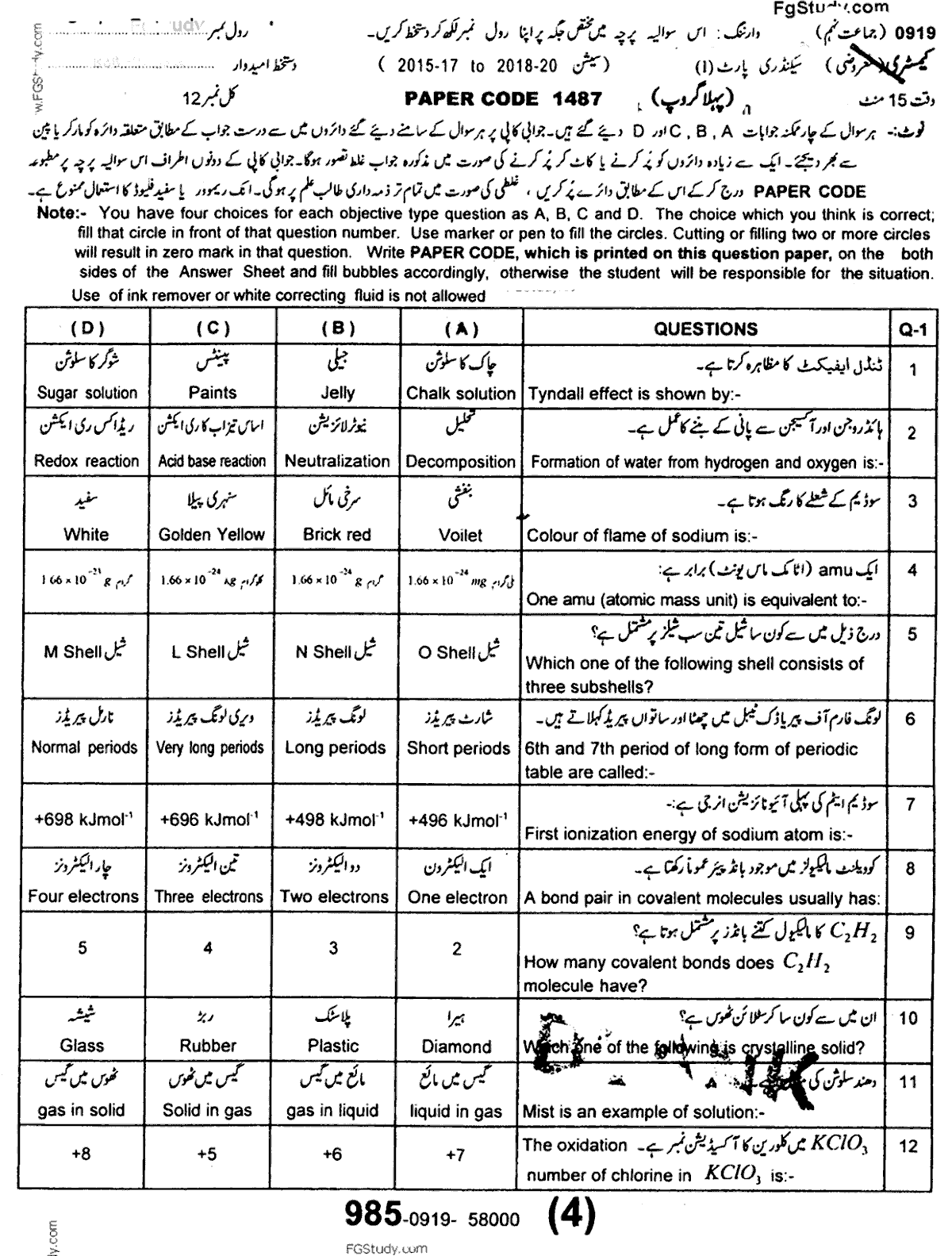 9th Class Chemistry Past Paper 2019 Group 1 Objective Sargodha Board